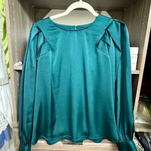 Express Teal Satin Long-Sleeve Blouse